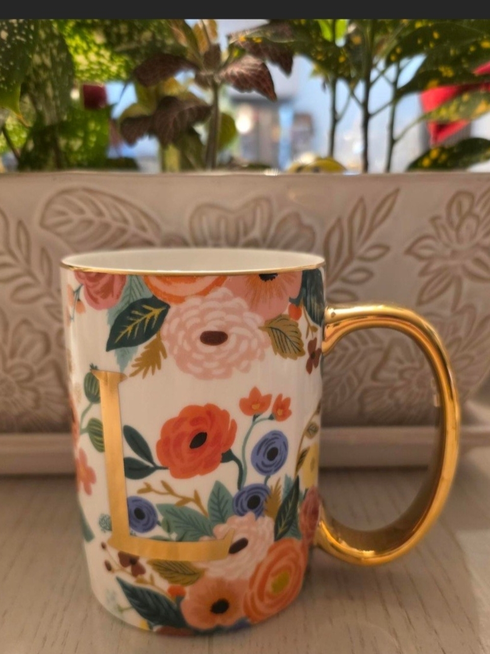 Rifle Paper Co Anthropologie Floral Garden Party Monogram Mug For Letter "L"
